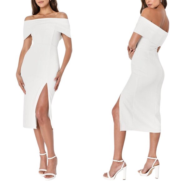 NEW Lulu's Luxe Attitude White Off-the-Shoulder Bodycon Midi Dress in White - Picture 1 of 4